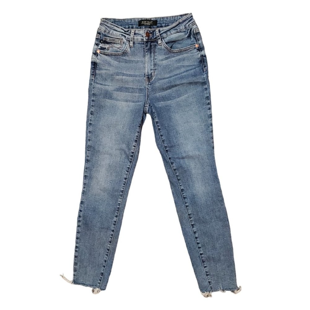 Judy Blue JB88259 3/26 (Meas 25x26.5 10" Mid Rise) Med Raw Hem Frayed Jeans A2